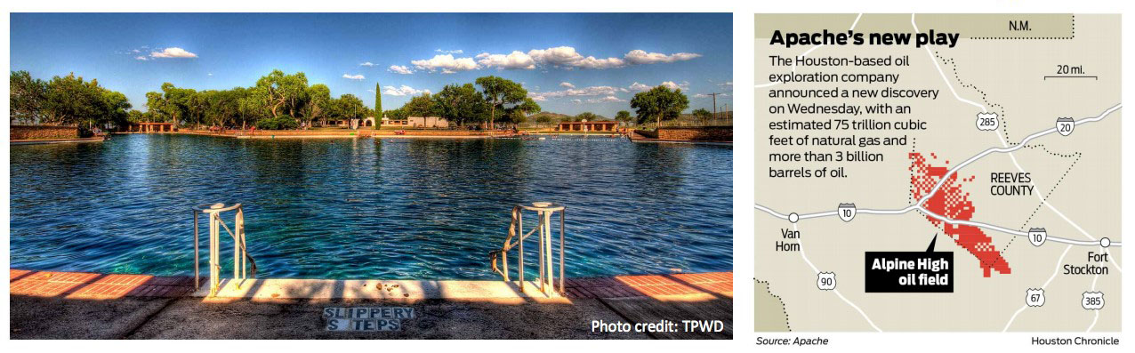 Balmorhea State Park oasis and map of the Alpine High oil field in West Texas